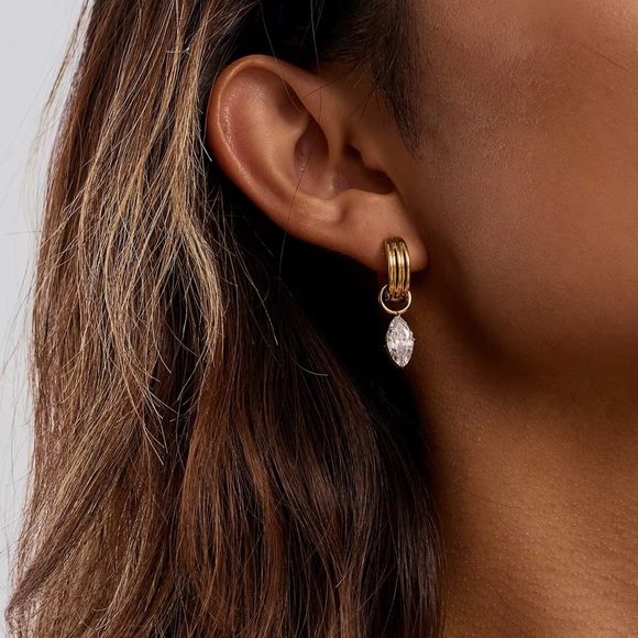 18K Gold Plated Teardrop & Marquise Asymmetrical CZ Hoop Earrings - Picture 4 of 6